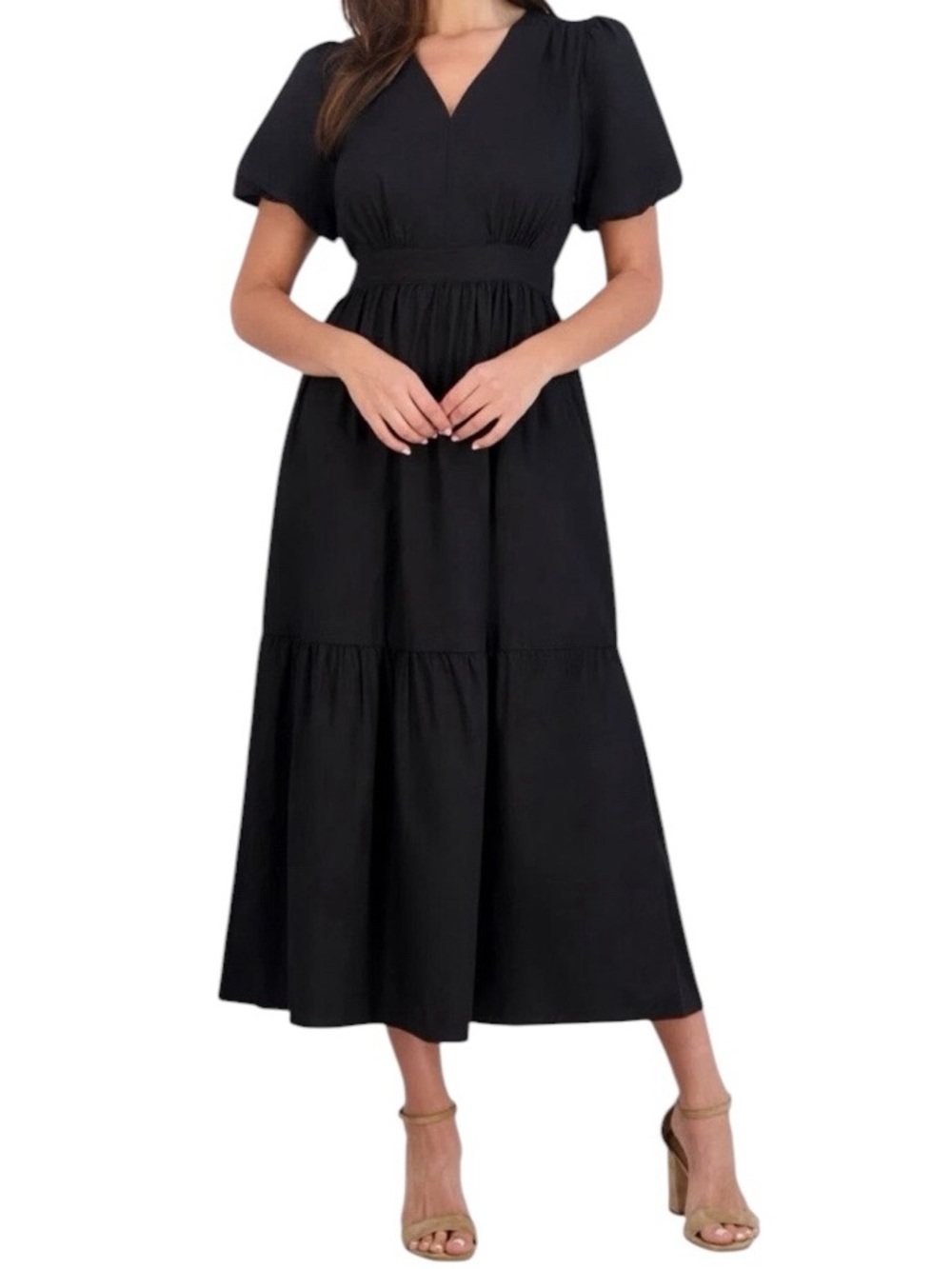 FRENCH CONNECTION NWOT Black Poplin Bubble Puff Sleeve Tiered Maxi Dress Medium